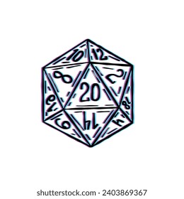 Dice d20 for playing Dnd. Dungeon and dragons board game. Cartoon outline drawn illustration. Neon pink blue illustration