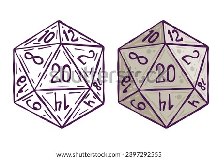 Dice d20 for playing Dnd. Dungeon and dragons board game. Cartoon outline drawn illustration