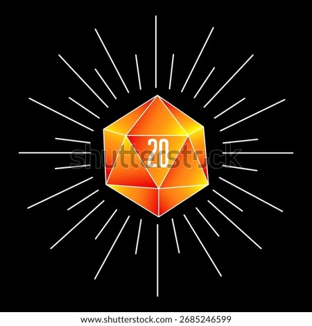 Dice d20 for playing Dnd. Dungeon and dragons board game. Critical success. Vector illustration. Black background. 