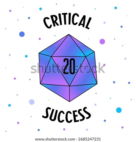 Dice d20 for playing Dnd. Dungeon and dragons board game. Critical success. Vector illustration. White background. 
