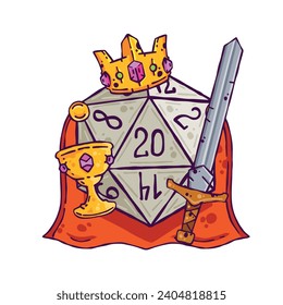 Dice d20 for playing Dnd. King character for Dungeon and dragons board game with gold crown. svg