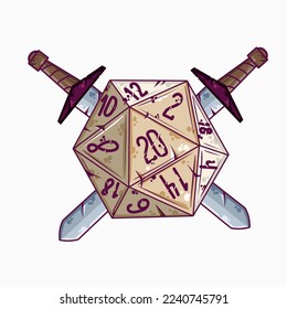 Dice d20 for playing Dnd. RPG board game. Cartoon outline drawn illustration. svg