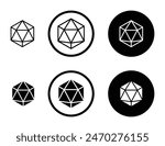 Dice d20 vector icon set. die with 20 sides sign. 3d d20 polyhedron icon suitable for apps and websites UI designs.
