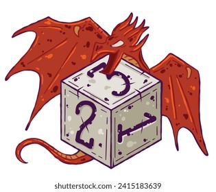 Dígale d6 para jugar al tablero de mesa. Ilustración dibujada en el esquema de dibujos animados. Pegatina de arte de fantasía, juego de bodas de aventura, decoración de dragones de juego de rol