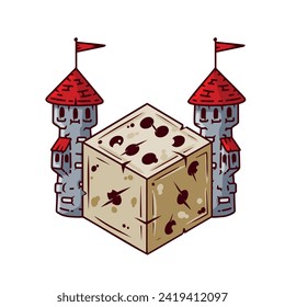 Dice d6 for playing tabletop board game. Cartoon outline drawn illustration. Fantasy art sticker, adventure boardgame, roleplaying city decoration, tower and castle