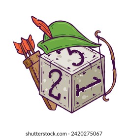 Dice d6 for playing tabletop board game. Cartoon outline drawn illustration. Fantasy art sticker, adventure boardgame, roleplaying decoration. Archer and bow