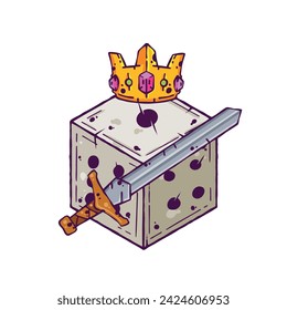 Dados d6 para jugar juego de mesa. Ilustración dibujada de contorno de caricatura. Pegatina de arte de fantasía, juego de mesa de aventura, decoración de juego de rol rey