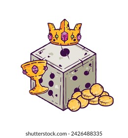 Dados d6 para jugar juego de mesa. Ilustración dibujada de contorno de caricatura. Pegatina de arte de fantasía, juego de mesa de aventura, rey con decoración de juego de rol de la corona