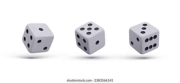 Dice en diferentes posiciones. Cubos de juego. Conjunto de imágenes con sombras sobre fondo blanco. Efecto del azar, probabilidad, fortuna. Elemento de juego de apuestas y casino