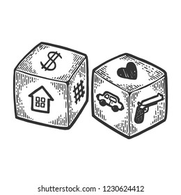 Dice with different symbols engraving vector illustration. Scratch board style imitation. Black and white hand drawn image.