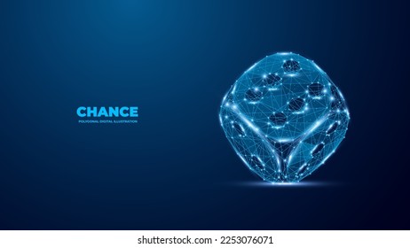 Dice. Digital isolated concept of gambling games. Technology wireframe sign. Monochrome polygonal vector on dark blue background.