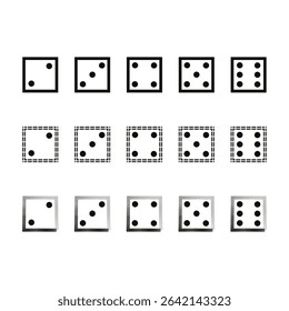 Dice dot icons. Game cube vector. Number five variation. Black outline shapes.
