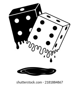 Dice with drops, cubes melt, vector illustration contour icon isolated on white background
