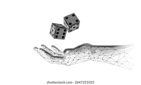 Dice falling on polygonal hand. Cube toss gamble risk strategy illustration. Casino games betting entertainment fortune probability. Low poly wireframe style vector illustration