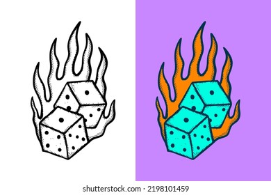 Dice fire Illustration hand drawn cartoon vintage style vector