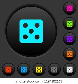 Dice five dark push buttons with vivid color icons on dark grey background