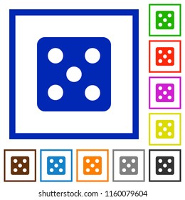 Dice five flat color icons in square frames on white background