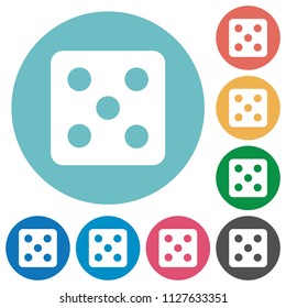 Dice five flat white icons on round color backgrounds