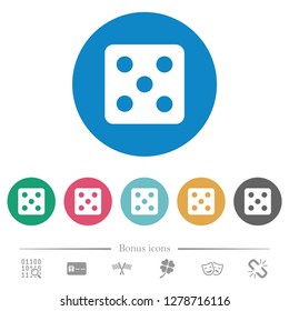Dice five flat white icons on round color backgrounds. 6 bonus icons included.