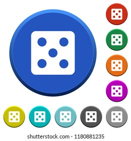 Dice five round color beveled buttons with smooth surfaces and flat white icons