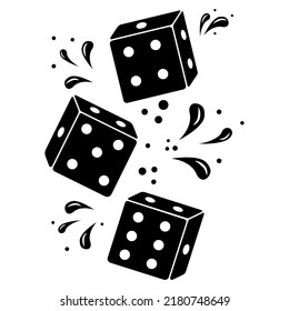 Dice in flight with a drop pattern, black doodle sketch, vector illustration