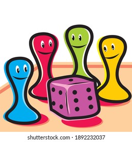 dice and four game figurines, humorous color vector icon
