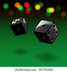 Dice gambling background. Black cubes with lights on green background. Vector illustration.