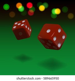 Dice gambling background. Red cubes on green background. Vector illustration.