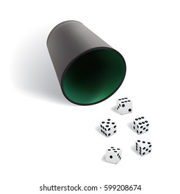 Dice gambling template. White cubes with dice cup on white background. Vector illustration.