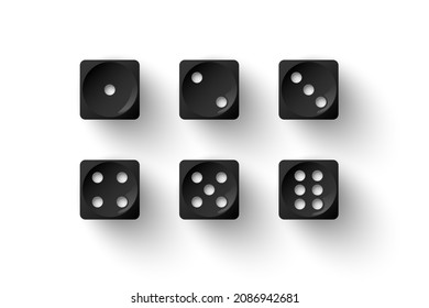 Dice el juego con cubos negros con ilustraciones vectoriales de puntos blancos. 3d objetos de juego realistas para jugar en casino, dados de uno a seis puntos y diseño de bordes redondeados aislados en fondo blanco