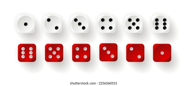 Dice game with cubes vector illustration. Cubes gambling objects to play in casino, dice from one to six dots and rounded edges