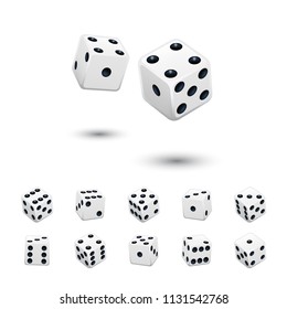 Dice game element set. Vector white cubes in different positions on isolated on white background.