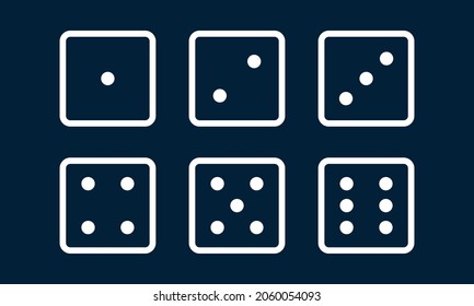 Dice el juego de iconos de la línea de juego.  Diferencias de uno a seis. Muere por juegos de casino, juegos de mesa o de mesa, suerte y elección al azar. Ilustración del vector, aislado 