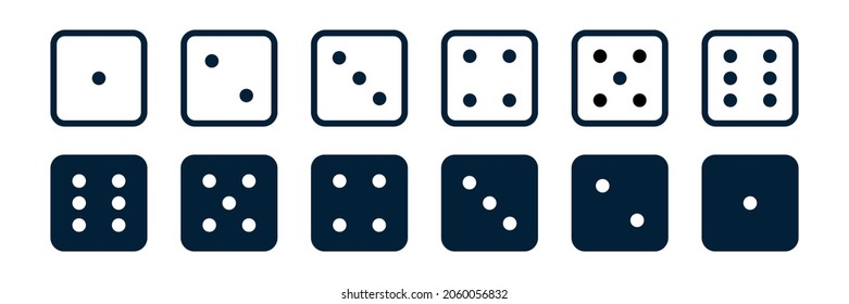 Dice game line icon set.  Pipped dices. Toss from one to six. Die for casino craps, table or board games, luck and random choice. Vector illustration, isolated 