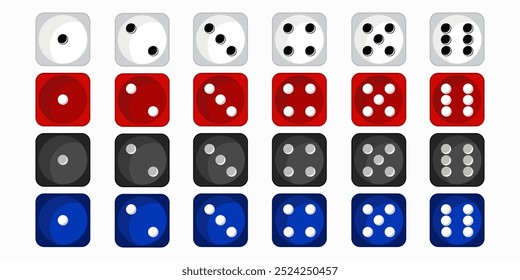 Juego de dados con cubos rojos, azules, blancos y negros. Objetos de juego realistas para jugar en el casino, dados de uno a seis puntos. Vector