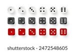 Dice game with red white and black cubes. Realistic gambling objects to play in casino, dice from one to six dots. Vector