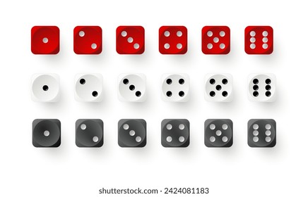 Dice game with red white and black cubes. Realistic gambling objects to play in casino, dice from one to six dots. Vector