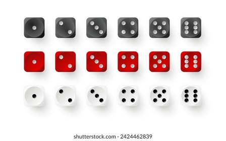 Dice game with red white and black cubes. Realistic gambling objects to play in casino, dice from one to six dots. Vector