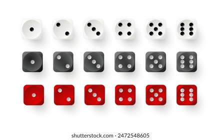 Dice game with red white and black cubes. Realistic gambling objects to play in casino, dice from one to six dots. Vector