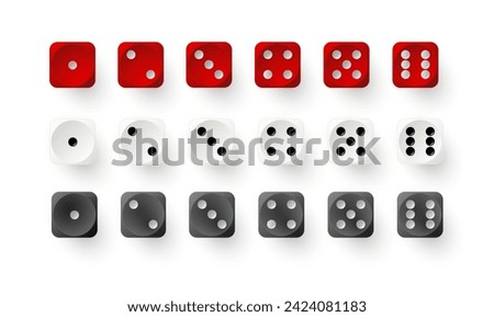 Dice game with red white and black cubes. Realistic gambling objects to play in casino, dice from one to six dots. Vector