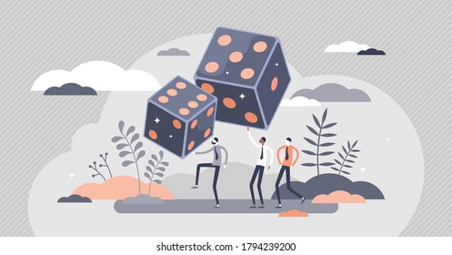 Dice game as risky business choice options visualization flat tiny persons concept. Throwing process decision scene with company leaders as random company strategy management vector illustration.