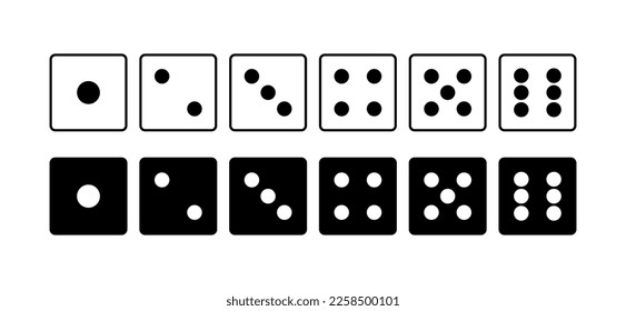 Dice Juego con colección de cubos blancos y negros. Juicios de juego para jugar en el casino, dados de uno a seis puntos. Ilustración vectorial.