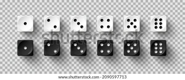 Dice game with white and black cubes vector\
illustration. 3d realistic gambling objects to play in casino, dice\
from one to six dots and rounded edges design isolated on\
transparent background