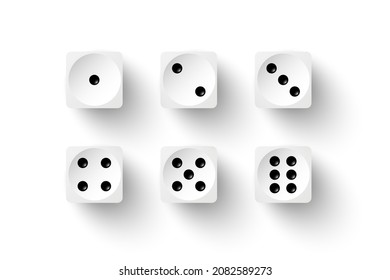 Dice game with white cubes with black dots vector illustration. 3d realistic gambling objects to play in casino, dice from one to six dots and rounded edges design isolated on white background