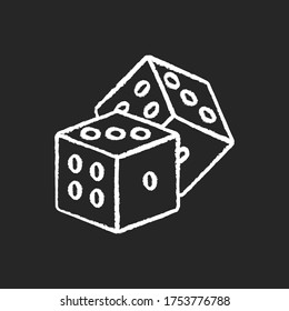 Dice games chalk white icon on black background. Traditional board games, gambling. Friendly party entertainment activity, casino recreation. Cubes with dots isolated vector chalkboard illustration