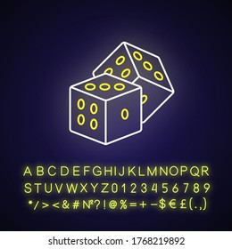 Dice games neon light icon. Outer glowing effect. Board games, gambling sign with alphabet, numbers and symbols. Party, casino entertainment. Cubes with dots vector isolated RGB color illustration