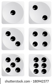 Dice for games turned on all sides and with all the numbers. Numbers of dice, one, two, three, four, five, six. Black dice vector art image objects illustration eps10, isolated on white background