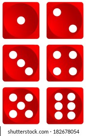 Dice for games turned on all sides and with all the numbers. Numbers of dice, one, two, three, four, five, six. Red dice vector art image objects illustration eps10, isolated on white background