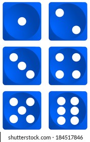 Dice for games turned on all sides and with all the numbers. Numbers of dice, one, two, three, four, five, six. Blue dice vector art image objects illustration eps10, isolated on white background 