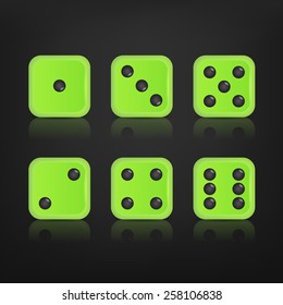 Dice for games turned on all sides with all the numbers and with reflection. Numbers of dice, one, two, three, four, five, six. Vector eps10 illustration. 